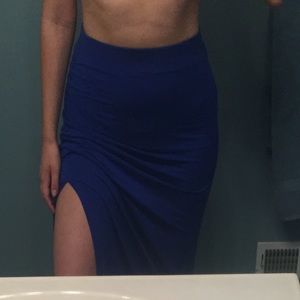 blue maxi skirt with high leg slit